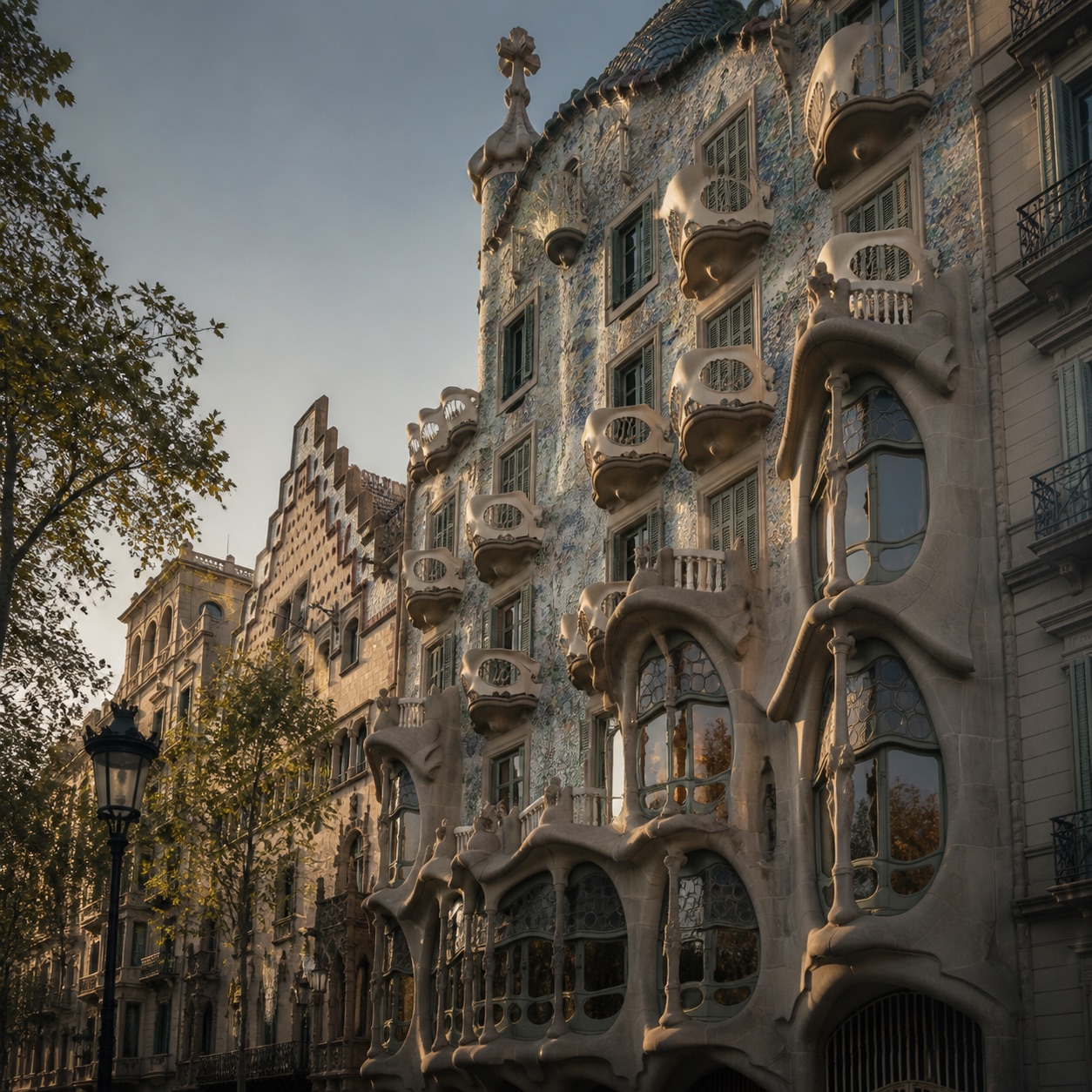 Gaudi modernist architecture on Passeig de Gracia in soft morning light