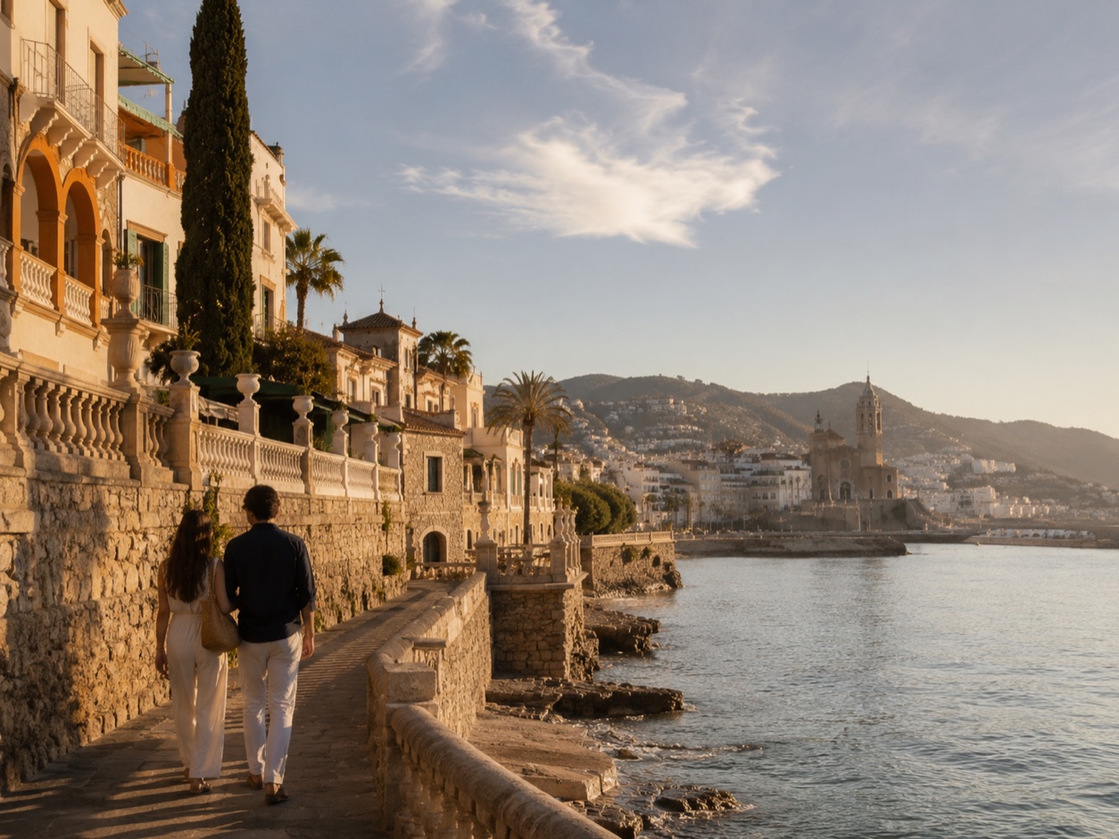Couple walking the Sitges seafront promenade near Barcelona at golden hour