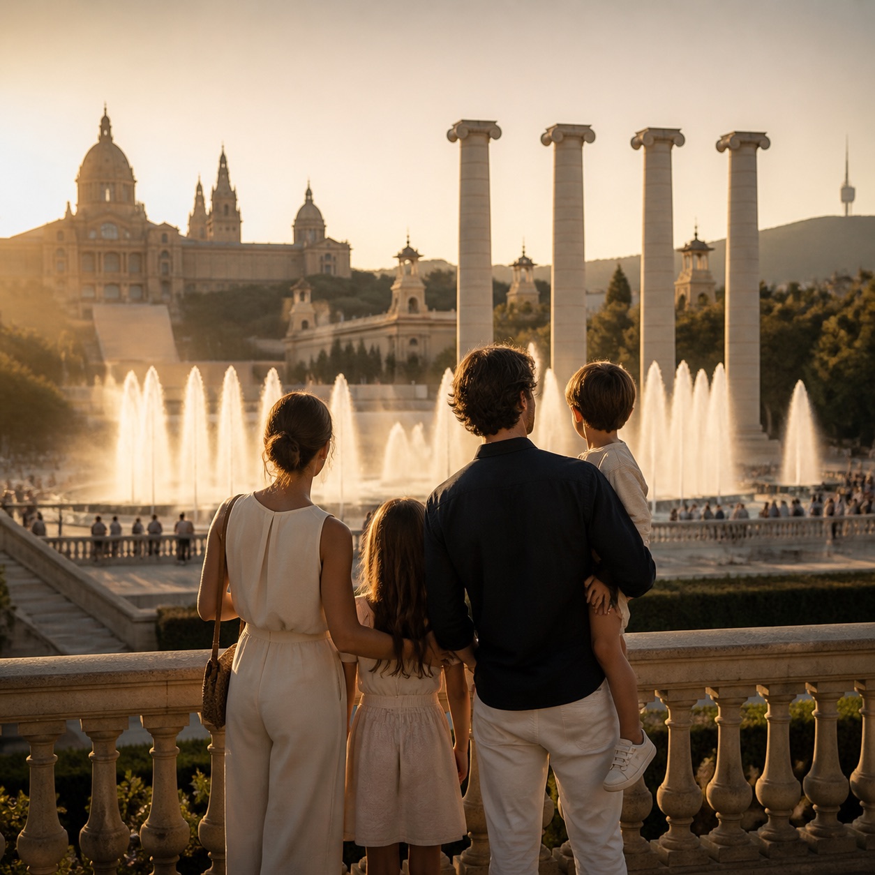 Family overlooking the Montjuic fountains on a warm Barcelona evening