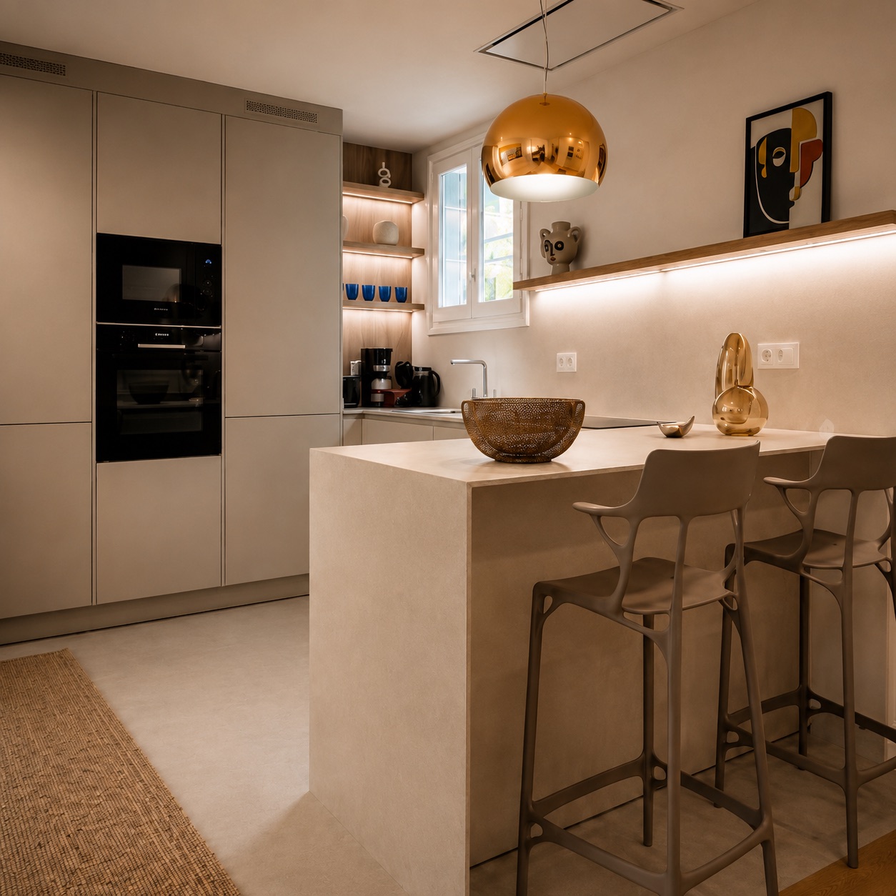 PDG15 apartment kitchen with a breakfast bar, bar stools, and a copper pendant light