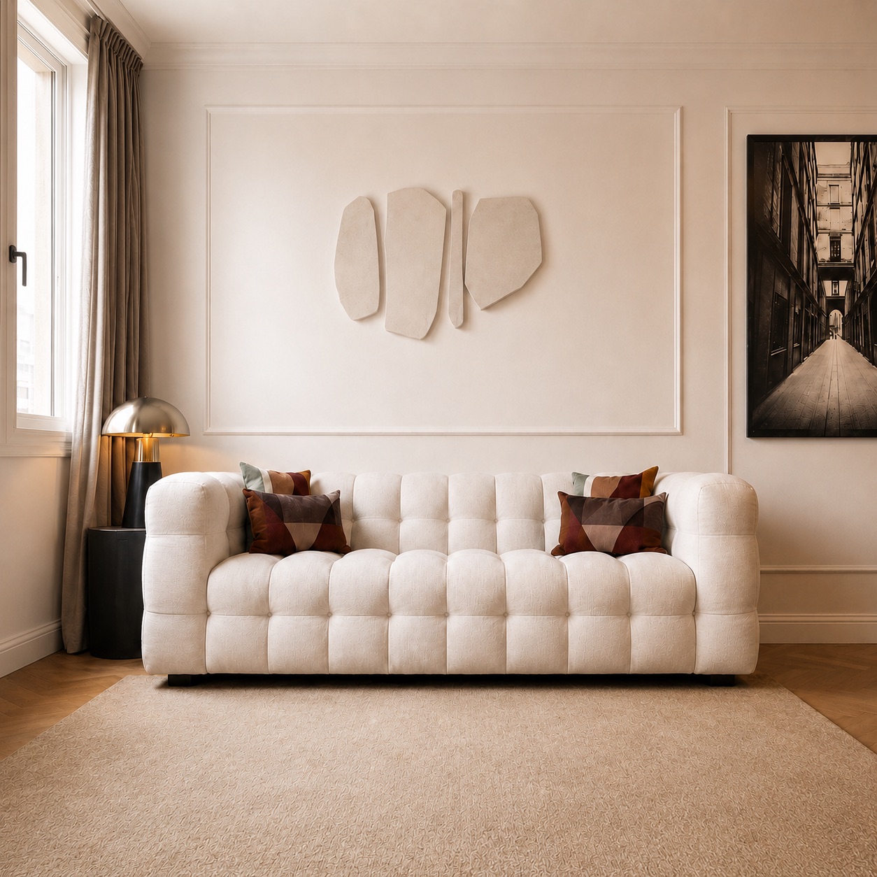 PDG15 apartment living room with deep cream sofas and warm evening light