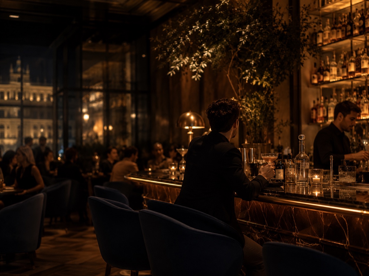 Candlelit Barcelona cocktail bar at night with marble counter and city view