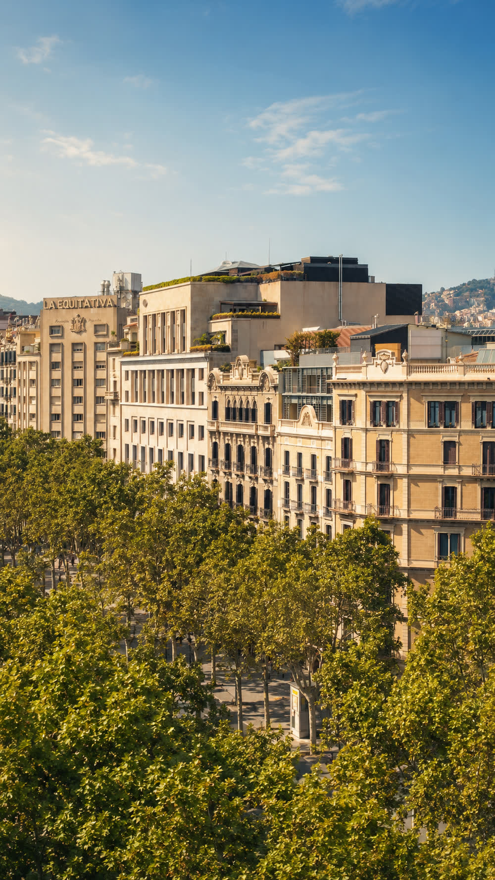 Elevated view over Passeig de Gracia's tree-lined avenue and classic Barcelona facades