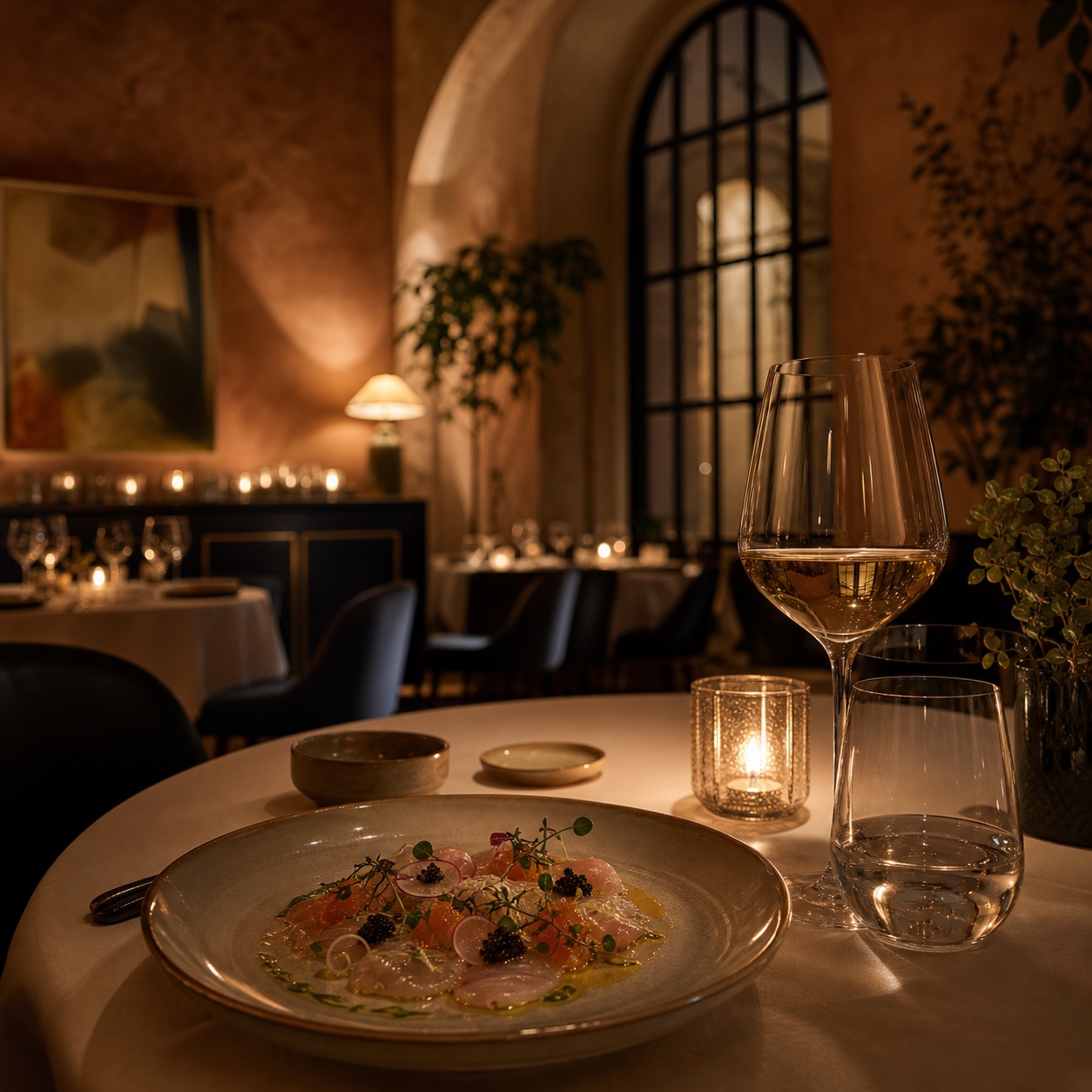 Candlelit Barcelona restaurant table with refined Mediterranean dining