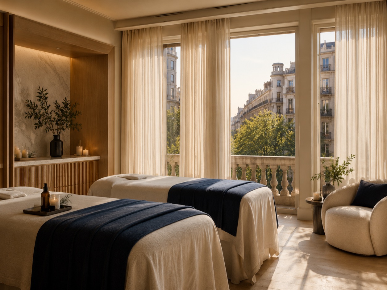 Serene Barcelona spa treatment room with twin massage beds and balcony light