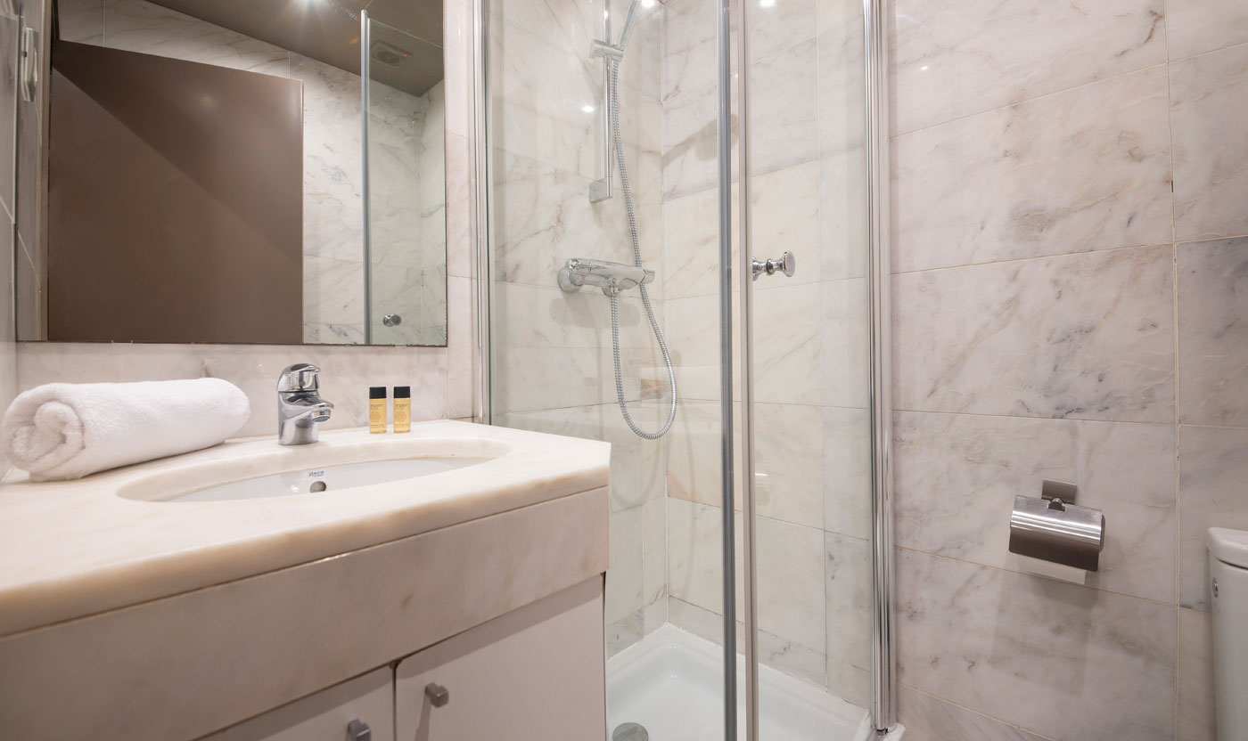 Hall bathroom with glass walk-in shower in Suite Sagrada